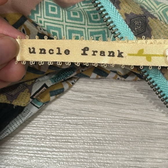 Uncle Frank Brown Yellow Teal Pattern Rayon Sleeveless Shift Dress, Mini, Small - Picture 5 of 7